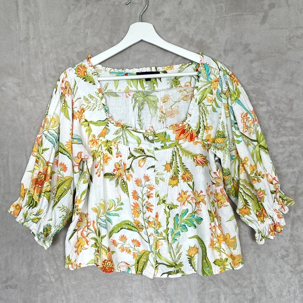 Rachel Roy Floral Button Up Blouse Top Womens Medium Pretty Print Square Neck